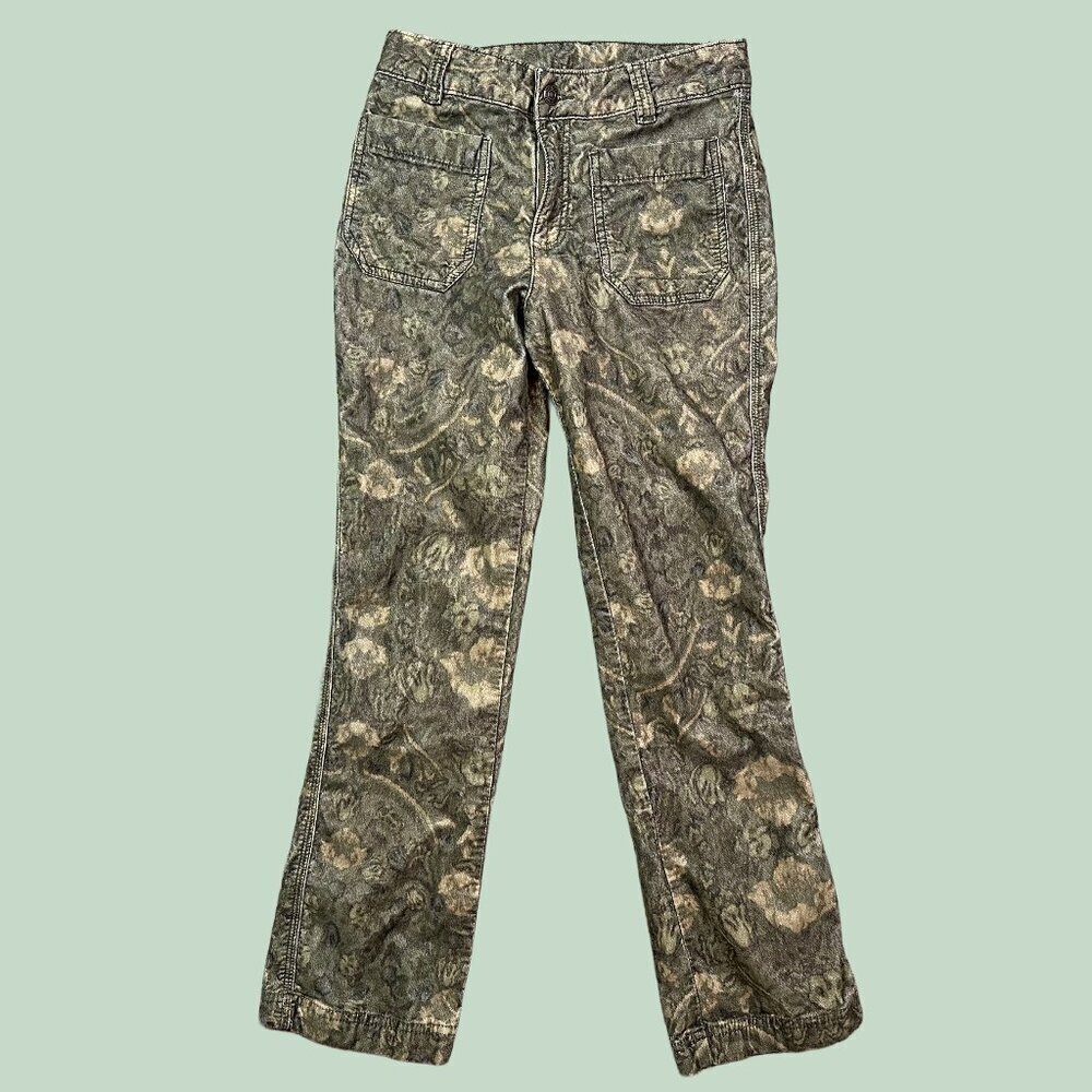 Free People High Times Printed Kick Crop Velvet Pants Olive Green Floral Camo 4